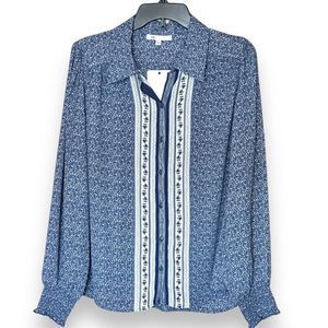 Dr 2 Women’s Blue Floral Button Front Blouse Smocked Sleeve Size Large NWT